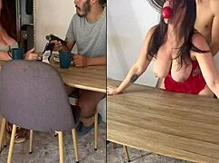 mature milf and young stud breakfast pussy feast at table