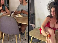mature milf and young stud breakfast pussy feast at table