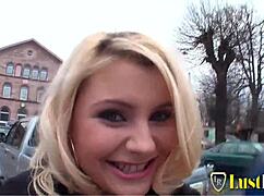 Teen blonde chats interview then masturbates with dildo on casting sofa