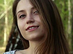 Stunning Ukrainian Petite Brunette Nicolina Strips Outdoor Shaved Tease