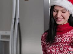 Petite Brunette Licks Girlfriend's Shaved Pussy On Christmas