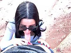 Skinny Teen Glasses Girl Deepthroats in Canyon Outdoors!