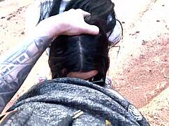Skinny Teen Glasses Girl Deepthroats in Canyon Outdoors!