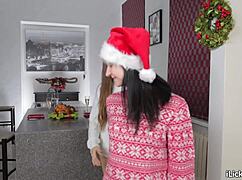 Petite Brunette Licks Girlfriend's Shaved Pussy On Christmas