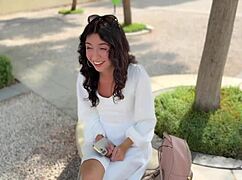 pretty skinny brunette in dress takes stranger's rough public doggystyle cumshot
