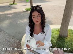 pretty skinny brunette in dress takes stranger's rough public doggystyle cumshot