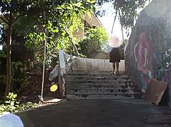 redhead slut masturbates publicly then takes blowjob facial cumshot in park