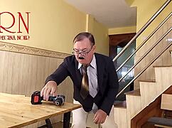 Cheating housewife bends for plumber while cuckold husband watches in kitchen