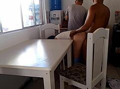Curvy Latina wife with small waist gets roughly fucked by fat black monster cock while cuckold hubby washes dishes in the kitchen