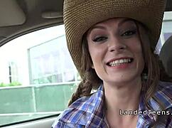 curvy teen hitchhiker rides monster cock cowgirl style outdoors in pov reality