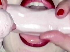 stepmom's super wet pussy glistens under sensual red lipstick glow