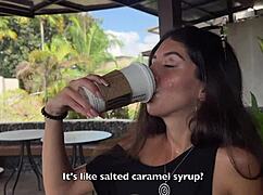 Skinny teen gives sloppy starbucks toilet blowjob then cumwalks with facial among restaurant crowd.