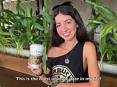 Skinny teen gives sloppy starbucks toilet blowjob then cumwalks with facial among restaurant crowd.