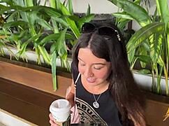 Skinny teen gives sloppy starbucks toilet blowjob then cumwalks with facial among restaurant crowd.