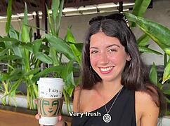 Skinny teen gives sloppy starbucks toilet blowjob then cumwalks with facial among restaurant crowd.