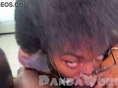 Dark ebony deepthroats BBC with light blonde slut mmff double blowjob sloppy spit