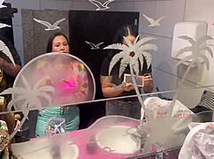 Brazilian milf with big tits takes monster cock anal creampie in bar with panties on ceiling