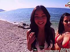 german tourist picks up two horny latinas for beach ffm threesome
