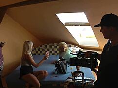 backstage party turns into big dick blowjob threesome with schoolgirls in skirts stockings and high heels