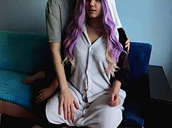 Cute purple hair girl slurps my huge cock hungrily 😘