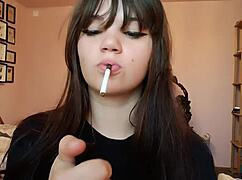 goddess smokes cig with big bare pussy lips close up femdom tongue tease!?