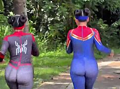 passionate spider woman cosplay gets anal fucked by her friend's boyfriend outdoors