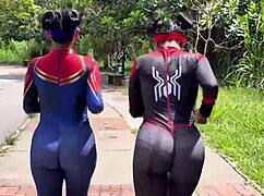 passionate spider woman cosplay gets anal fucked by her friend's boyfriend outdoors