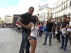 hey muscled master dominating petite spinner publicly outdoors in bdsm bondage humiliation pain? 😈🔗