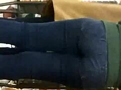 Hidden cam catches jiggling teen booty in tight jeans upskirt style