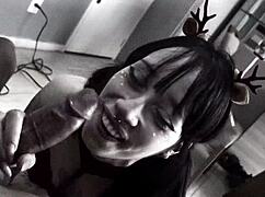 amberzinha gives christmas blowjob facial on sex machine backstage with big ass closeup 🎄💦