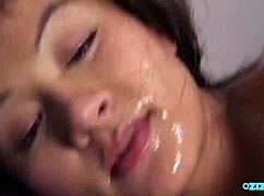 skinny young bitch endures rough double penetration and double mouth cum