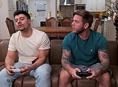 Girlfriend crashes boys night craving double pussy pounding from studs