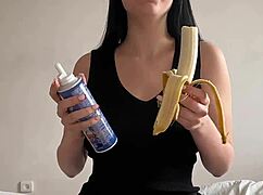 craving that banana tease before she drops to her knees for a messy deepthroat on huge cock