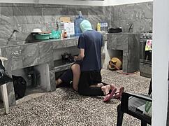 stepsister gets stuck cleaning kitchen i help film brown ass