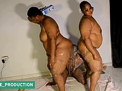 two oiled bbw milfs smother then take my cock doggy