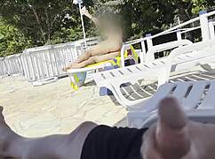 milf spots me jerking big cock by public pool and helps explode cum on her huge natural tits