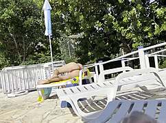 milf spots me jerking big cock by public pool and helps explode cum on her huge natural tits