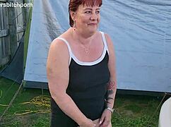 filthy kiwi milf squats and pisses on campground dirt with campers nearby