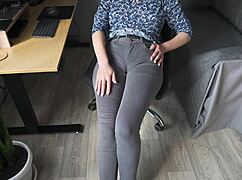 naughty colleague seduces you with camel toe in tight jeans