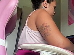 chubby girl lets out loud farts at office desk