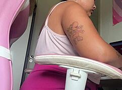 chubby girl lets out loud farts at office desk