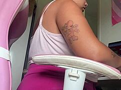 chubby girl lets out loud farts at office desk