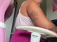 chubby girl lets out loud farts at office desk