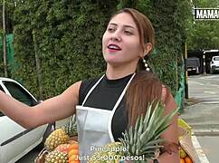 latina fruit vendor agrees to leave with him outdoors