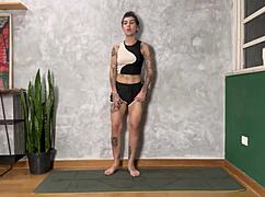 hot tat girl does yoga class at home