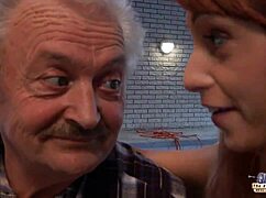 old man fucks beautiful young redhead in her pussy