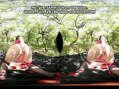 Hotkinkyjo in old apple orchard picks red apples during virtual reality session
