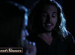 Sweet sinner pretty brunette gets a hot load all over her shaved pussy after a passionate couch fuck